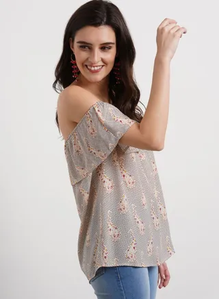 Off Shoulder Polka Dot Print Top Multicolour 