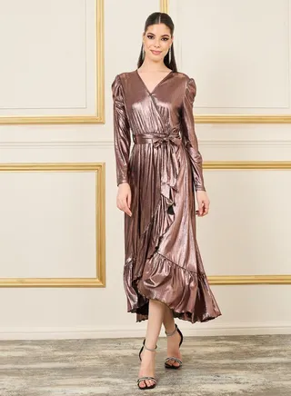 Metallic Ruffle Hem Self Tie Wrap Maxi Dress 