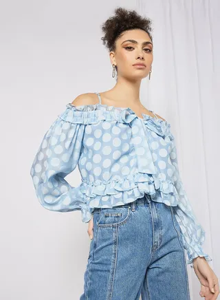 Polka Dot Print Blouse Blue 