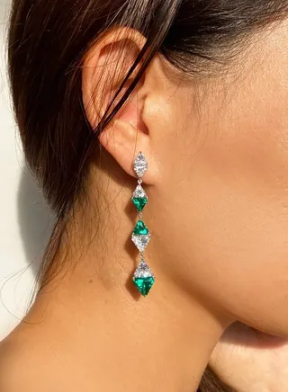 Emerald And White Stones Drops - Silver 