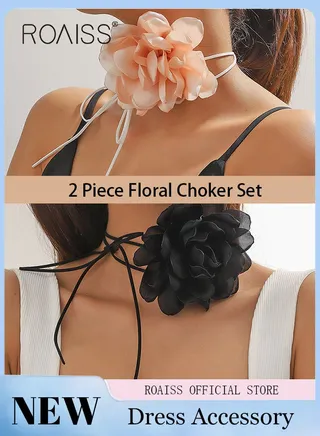 2 Piece Set Flower Collar Choker Necklace Long Strap Tie Necklace Neck Chain Wedding Jewelry Gift for Women Teens Girls Lace Flower Choker Necklace Ribbon for Women Lace Necklace 