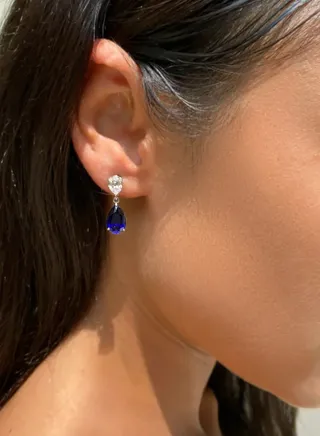 Blue Sapphire Double Pear Drop Earrings - Silver 