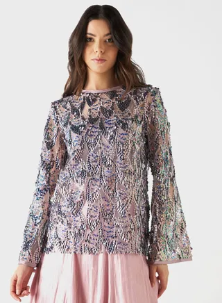 Crew Neck Flute Sleeve Embellished Top 