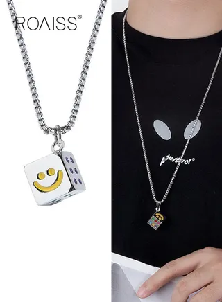 Colored Dice Necklace European Style Titanium Steel  Pendant Hip-Hop Men's Pearl Chain Retro Pendant Alloy Jewelry Stainless Steel Necklace 