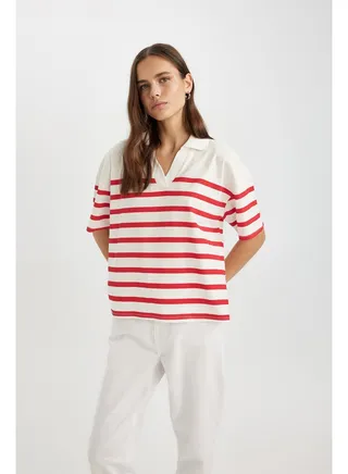 Woman Relax Fit Polo Neck Knitted Short Sleeve Polo T-Shirt 