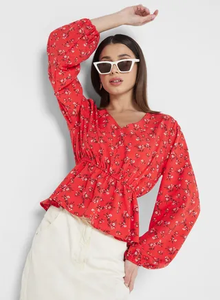 Ruffle Detail Printed Top 