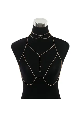 Multi Layered Body Chain with Shining Crystal and Necklace Set, Boho Gold Fashion Bikini Body Jewelry, Dainty Chain Bralette for Festival Party Gift and Beach for Women 