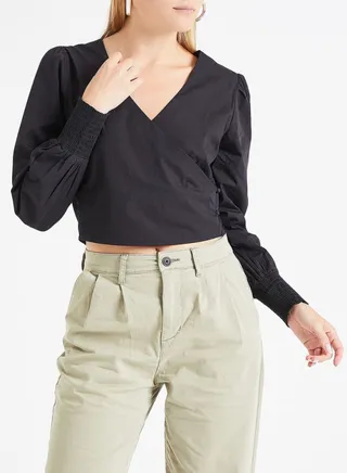Crossover Puff Sleeves Blouse Black 