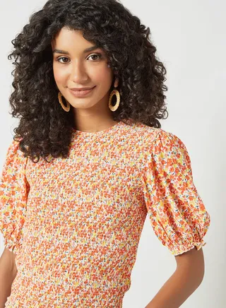 Shirred Floral Print Top Multicolour 