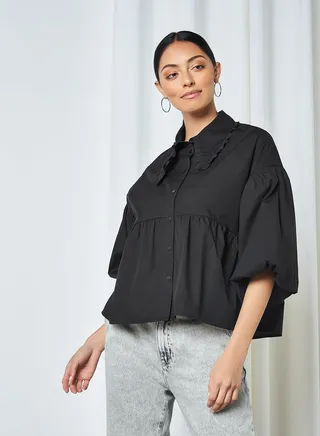 Volume Sleeve Peplum Shirt Black 
