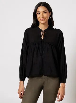 Textured Peasant V-Neck Blouse Black 