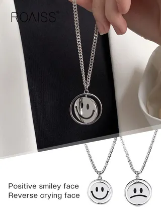 Rotating Smiley Face Necklace European Style Titanium Steel  Pendant Hip-Hop  Pearl Chain Retro Pendant Alloy Jewelry Stainless Steel Necklace 