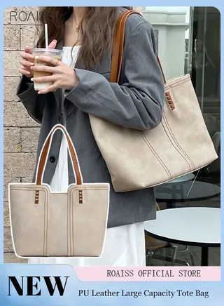 Pu Leather Large Capacity Tote Bag Fashionable Retro Large Capacity Shoulder Bag Soft Leather Contrast Design Handbag 