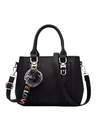 Leather Embroidered Shoulder Bag Black 
