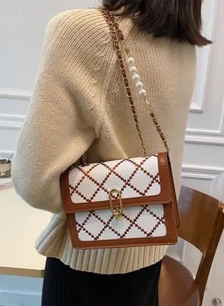 Women's Square Handbag Shoulder Crossbody Chain Pearl Bag 