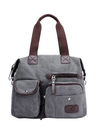 Zipper Closure Canvas Shoulder Bag Grey 