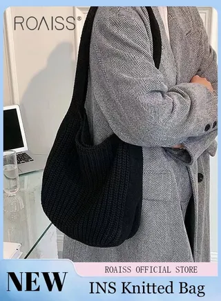 Women Knitting Bag Large Capacity Tote Bag Messenger Bag Shoulder Bag Solid Color 