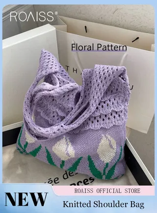 Ladies Floral Pattern Crochet Bag Women Flowers Knitted Shoulder Bag Beach Handbags Aesthetic Tote Bag Hobo Crochet Bag 