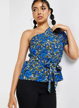 Printed One Shoulder Front Tie Blouse 