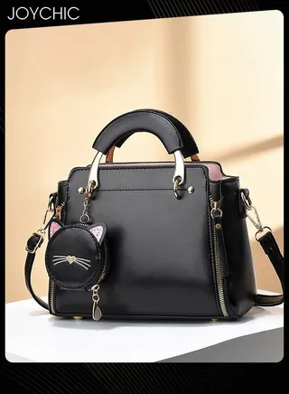 Korean Style Fashionable and Sweet Women Handbag Casual Personality Cat Design Large Capacity Commuting Shoulder Crossbody Bag PU Fabric Waterproof with Coin Purse Black 