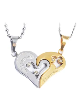 Pack Of 2 Metal Crystal Studded Halves Heart Pendant Necklace Set 