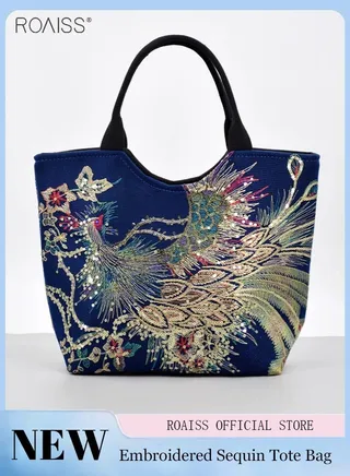 Women's Fashion Embroidered Sequin Tote Bag Large Capacity Canvas Travel Shoulder Bag Zippered Multi Pocket Handbag 