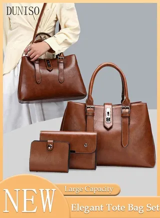 3 Pieces Shoulder Bag Set for Women Multipurpose Faux Leather Vintage Crossbody Bag Clamshell Design Small Purse Mini Card Holder for Ladies Fashion Travel Tote Bag Handbags 