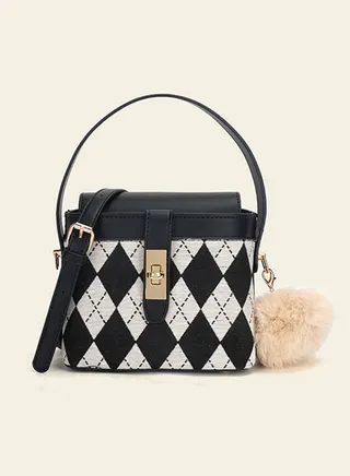 British Style Rhomboid Ladies Bucket Handbag for Women PU Leather One Shoulder Crossbody Bag for Shopping Commute 17.5 x 12.5 x 10.5cm 