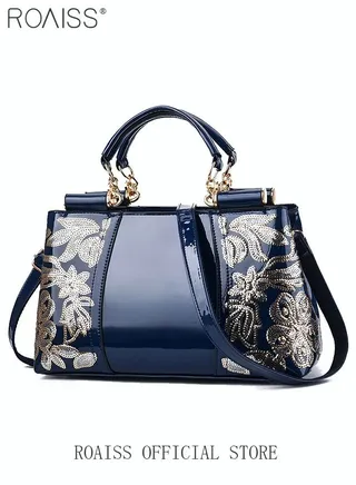 Elegant Luxurious Handbag Advanced Leather Unique Glossy Bridal Wedding Large Capacity One Shoulder Carved Messenger Bag for Women/Mother/Girl Friend Gift Blue 