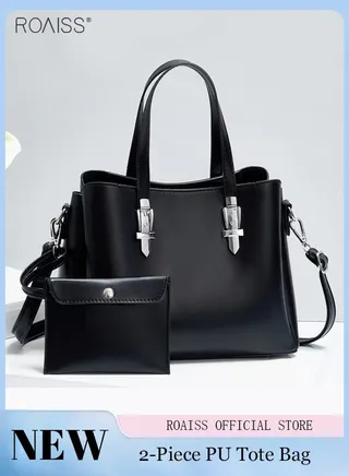 2-Piece Women's Pu Leather Handbag Stylish Simple Adjustable Shoulder Strap Crossbody Bag Large Capacity Split Grid Tote Bag 