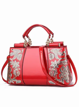 Elegant Luxurious Handbag Advanced Leather Unique Glossy Bridal Wedding Large Capacity One Shoulder Carved Messenger Bag for Women/Mother/Girl Friend Gift Red 