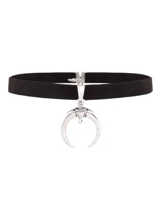 Leather Velvet Choker With Half Moon Designed Charm 