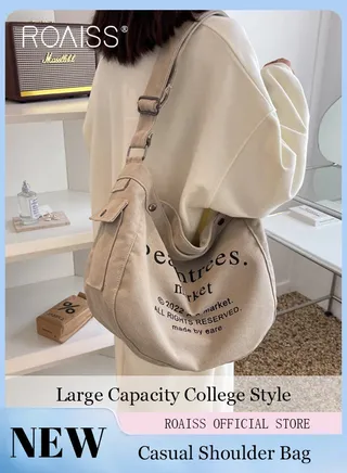 Women Single Shoulder Bag Versatile Commuter Handheld Bag with Large Capacity Trendy Canvas Design Suitable for Female Students featuring Lazy Style and Letter Embroidery Tote Bag 