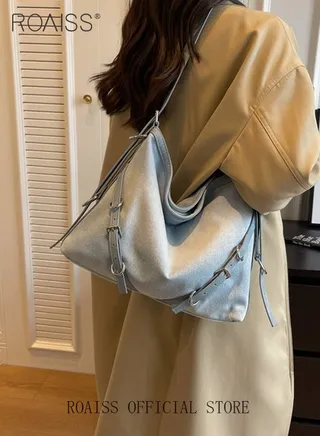 Ladies Vintage Gradient Denim Single Shoulder Crossbody Bag Commuter Casual Tote with Large Capacity Stylish Retro Bag for Everyday Use 