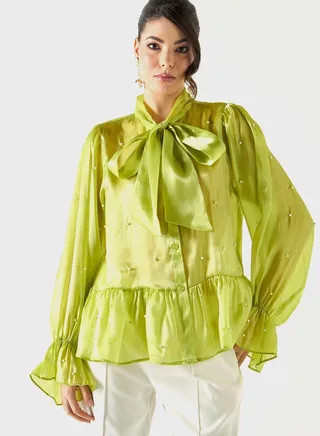 Embellished Tie Detail Puff Sleeve Top 