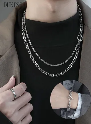 Fashionable Necklace and Bracelet Chain set Cool Sweater Chain for Men and Women Jewelry Gift for Lover and Friend 
