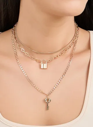 Set of 3 - Key Lock Pendant Chain Necklace 