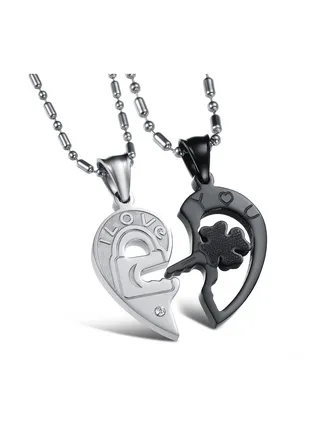 Stainless Steel His and Her Heart Lock Key Matching Puzzle Couples Pendant Necklace for Lovers Engagement Gift 