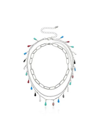 Silver plated gemstone droplet pendant necklace with layered motifs in silver beads 
