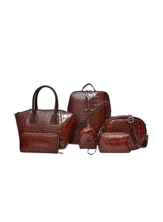 6 Piece Crocodile Pattern Composite Bag Set Brown 