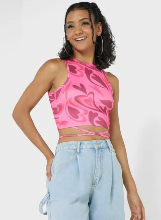 Tie Up Heart Print Vest 