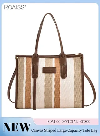 Women's Contrasting Texture Canvas Tote Bag Pu Leather Stitching Large Capacity Shoulder Bag Multi Pocket Adjustable Shoulder Strap Handbag 