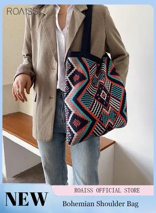 Women's Fashion Woven Tote Bag Ethnic Pattern Soft Knitting Shoulder Bag Large Capacity Casual Handbag Color Contrast Pattern Tote Bag 