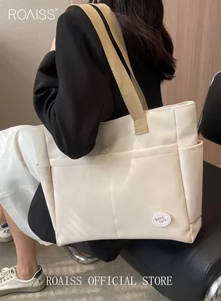 Large Capacity Shoulder Bag  Durable Macaron Color Scheme Smooth Zipper Solid Color Tote Bag 