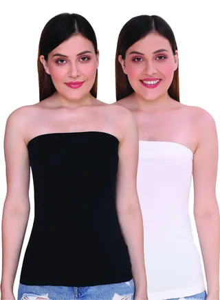 Women's Strapless Stretchable Long Bandeau Tube Top Camisole, Pack Of 2, Black/White 