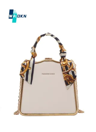 Women's Silk Scarf Embellished Shoulder Bag, Ladies Portable Chain Handle Crossbody Bag Sling Bag Side Bag, Solid PU Leather Tote Bag Handbag Clutch Bag (White) 