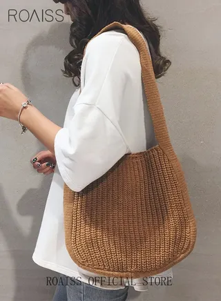 Women Knitting Bag Large Capacity Tote Bag Messenger Bag Shoulder Bag Solid Color 