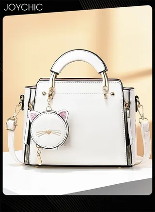Korean Style Fashionable and Sweet Women Handbag Casual Personality Cat Design Large Capacity Commuting Shoulder Crossbody Bag PU Fabric Waterproof White 