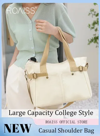Large Capacity Shoulder Bag  Durable Macaron Color Scheme Smooth Zipper Solid Color Tote Bag 