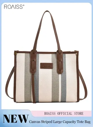 Women's Contrasting Texture Canvas Tote Bag Pu Leather Stitching Large Capacity Shoulder Bag Multi Pocket Adjustable Shoulder Strap Handbag 